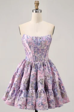 Off The Shoulder Brocado Verde Escuro Floral Uma Linha Vestido Homecoming Impresso