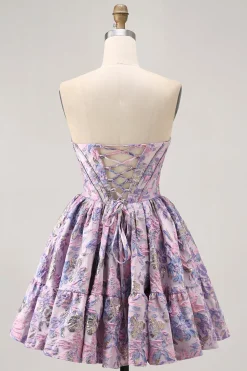 Off The Shoulder Brocado Verde Escuro Floral Uma Linha Vestido Homecoming Impresso