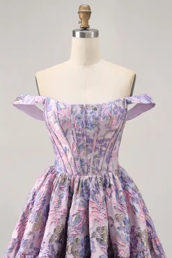 Off The Shoulder Brocado Verde Escuro Floral Uma Linha Vestido Homecoming Impresso