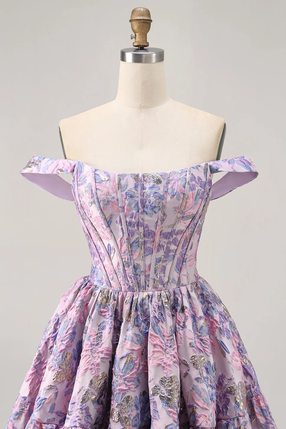 Off The Shoulder Brocado Verde Escuro Floral Uma Linha Vestido Homecoming Impresso