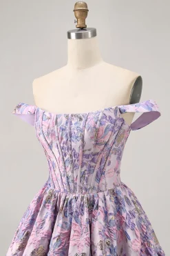 Off The Shoulder Brocado Verde Escuro Floral Uma Linha Vestido Homecoming Impresso