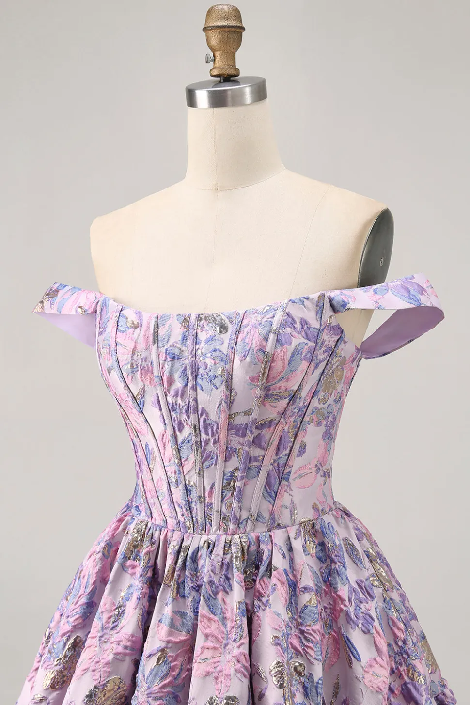 Off The Shoulder Brocado Verde Escuro Floral Uma Linha Vestido Homecoming Impresso