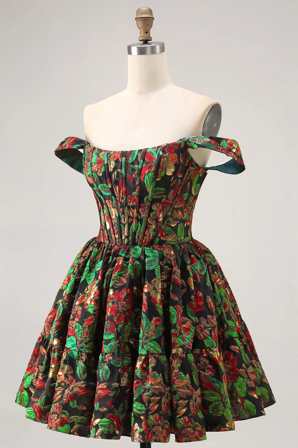 Off The Shoulder Brocado Verde Escuro Floral Uma Linha Vestido Homecoming Impresso