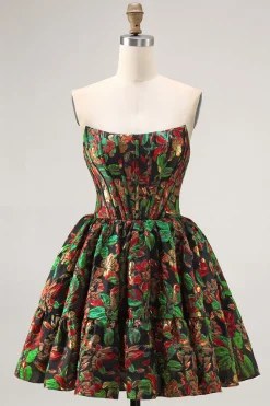 Off The Shoulder Brocado Verde Escuro Floral Uma Linha Vestido Homecoming Impresso