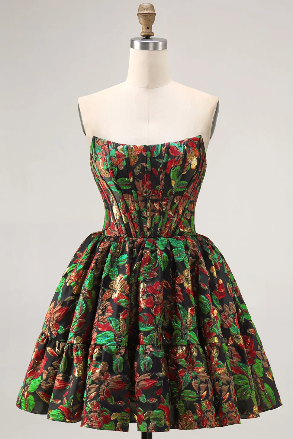 Off The Shoulder Brocado Verde Escuro Floral Uma Linha Vestido Homecoming Impresso