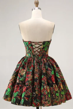 Off The Shoulder Brocado Verde Escuro Floral Uma Linha Vestido Homecoming Impresso