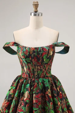 Off The Shoulder Brocado Verde Escuro Floral Uma Linha Vestido Homecoming Impresso