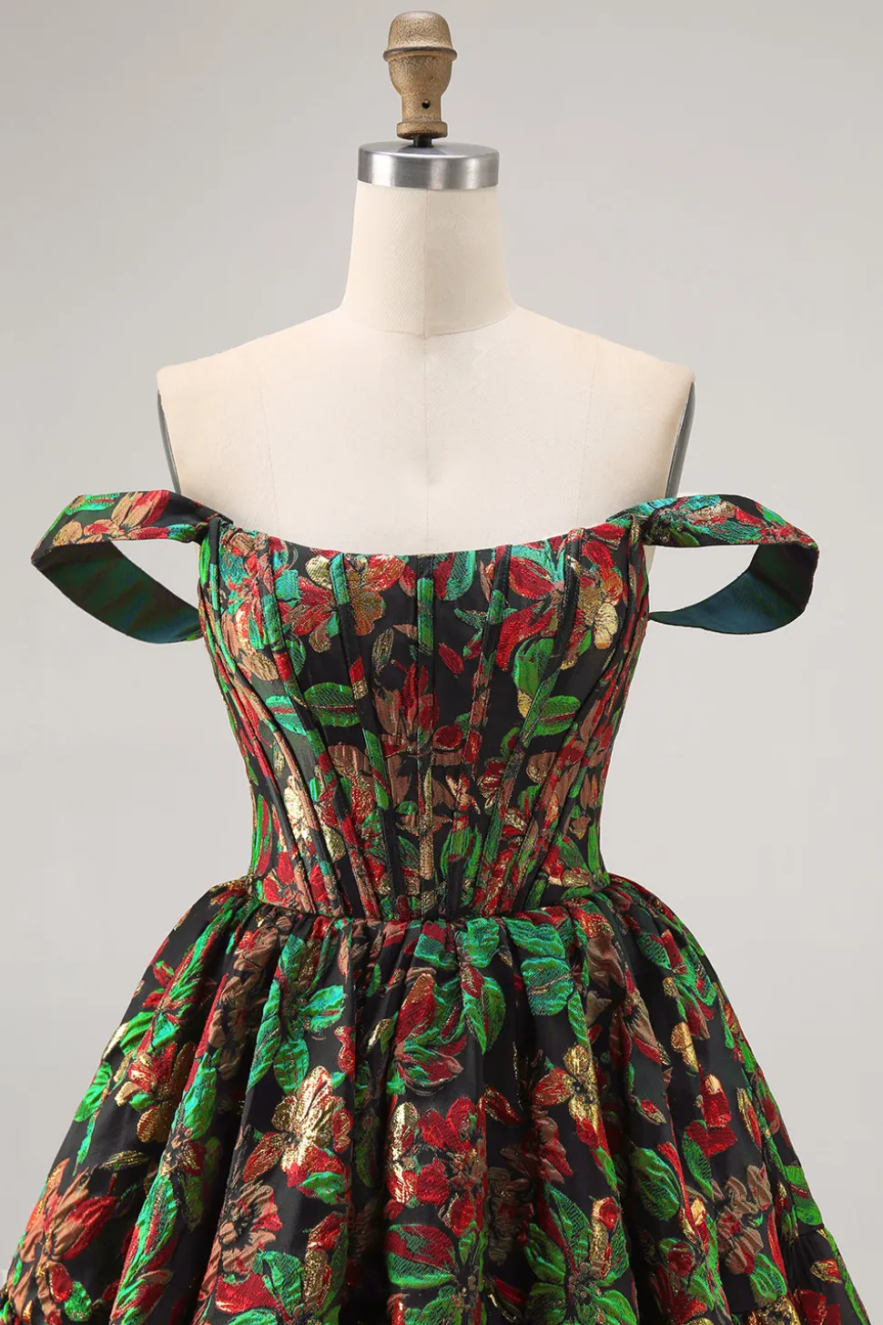 Off The Shoulder Brocado Verde Escuro Floral Uma Linha Vestido Homecoming Impresso
