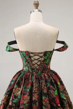 Off The Shoulder Brocado Verde Escuro Floral Uma Linha Vestido Homecoming Impresso