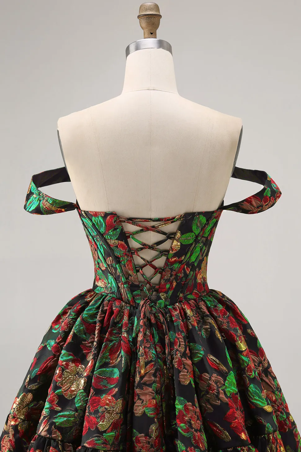 Off The Shoulder Brocado Verde Escuro Floral Uma Linha Vestido Homecoming Impresso