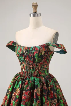 Off The Shoulder Brocado Verde Escuro Floral Uma Linha Vestido Homecoming Impresso