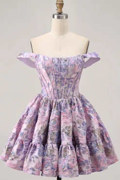 Off The Shoulder Brocado Verde Escuro Floral Uma Linha Vestido Homecoming Impresso