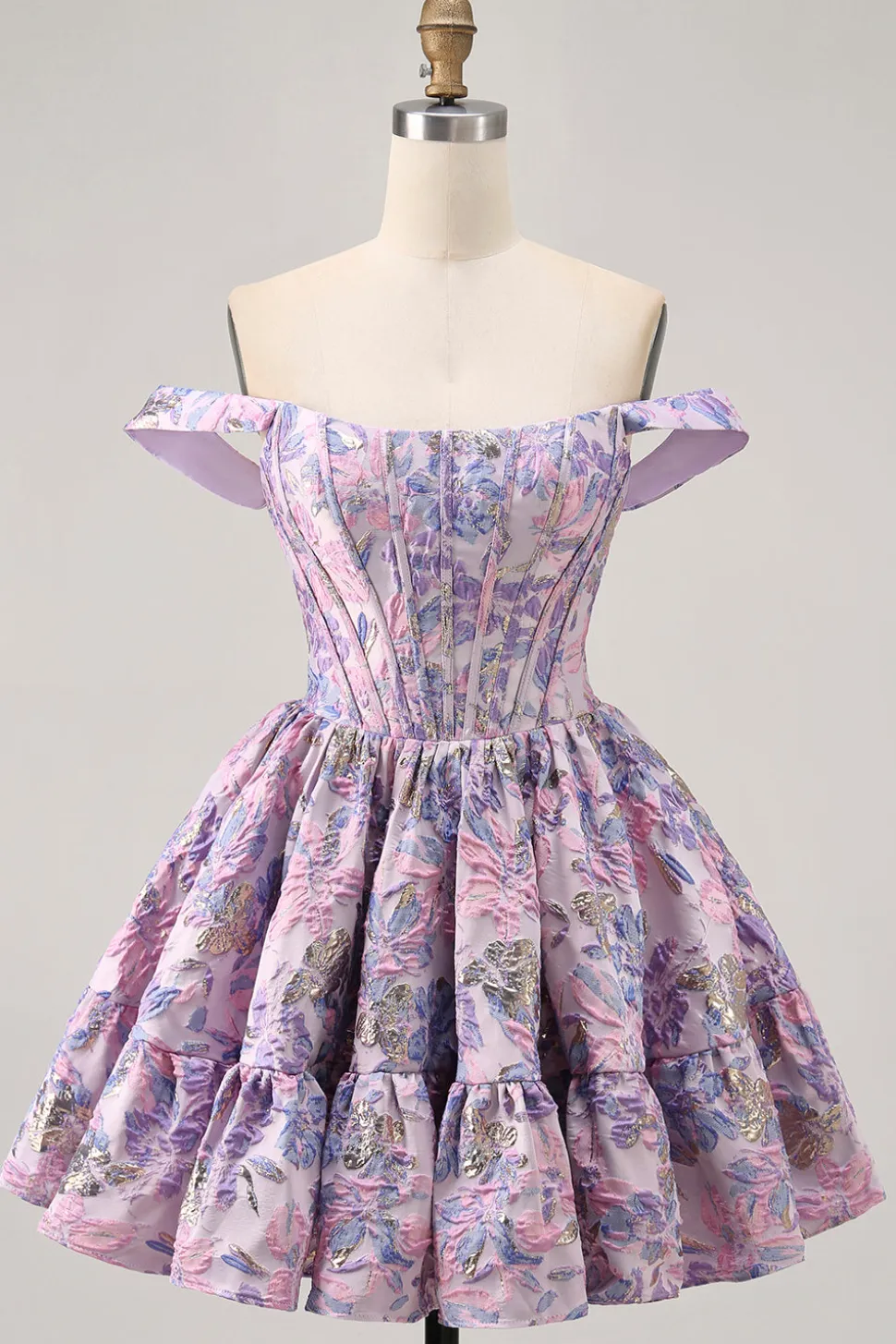 Off The Shoulder Brocado Verde Escuro Floral Uma Linha Vestido Homecoming Impresso