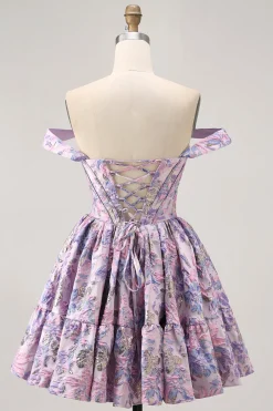 Off The Shoulder Brocado Verde Escuro Floral Uma Linha Vestido Homecoming Impresso