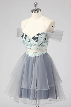 Off The Shoulder Cut out Uma Linha Verde Vestido Curto Homecoming