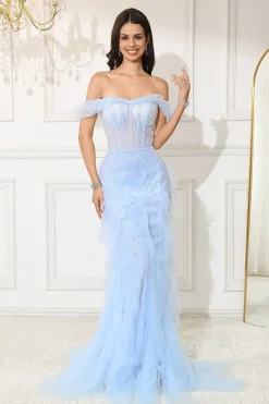 Off The Shoulder Light Sereia Corset Vestido de Noite Longo