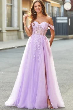 Off The Shoulder Lilás A-Line Beaded Corset Prom Dress