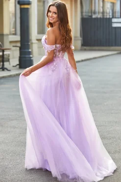 Off The Shoulder Lilás A-Line Beaded Corset Prom Dress