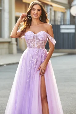 Off The Shoulder Lilás A-Line Beaded Corset Prom Dress