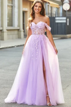 Off The Shoulder Lilás A-Line Beaded Corset Prom Dress