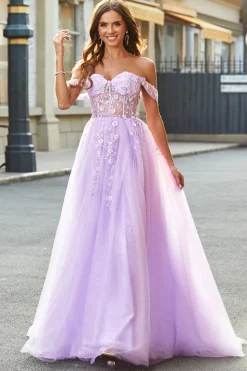 Off The Shoulder Lilás A-Line Beaded Corset Prom Dress