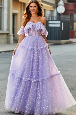 Off The Shoulder Lilás Corset A-Line Long Prom Dress