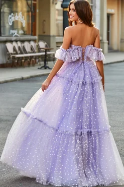 Off The Shoulder Lilás Corset A-Line Long Prom Dress