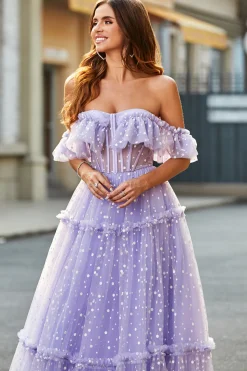 Off The Shoulder Lilás Corset A-Line Long Prom Dress
