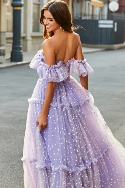 Off The Shoulder Lilás Corset A-Line Long Prom Dress