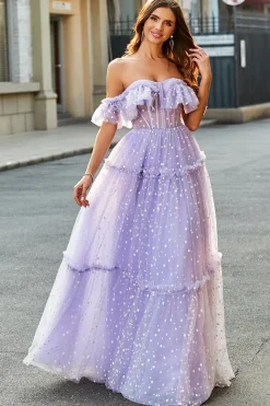Off The Shoulder Lilás Corset A-Line Long Prom Dress