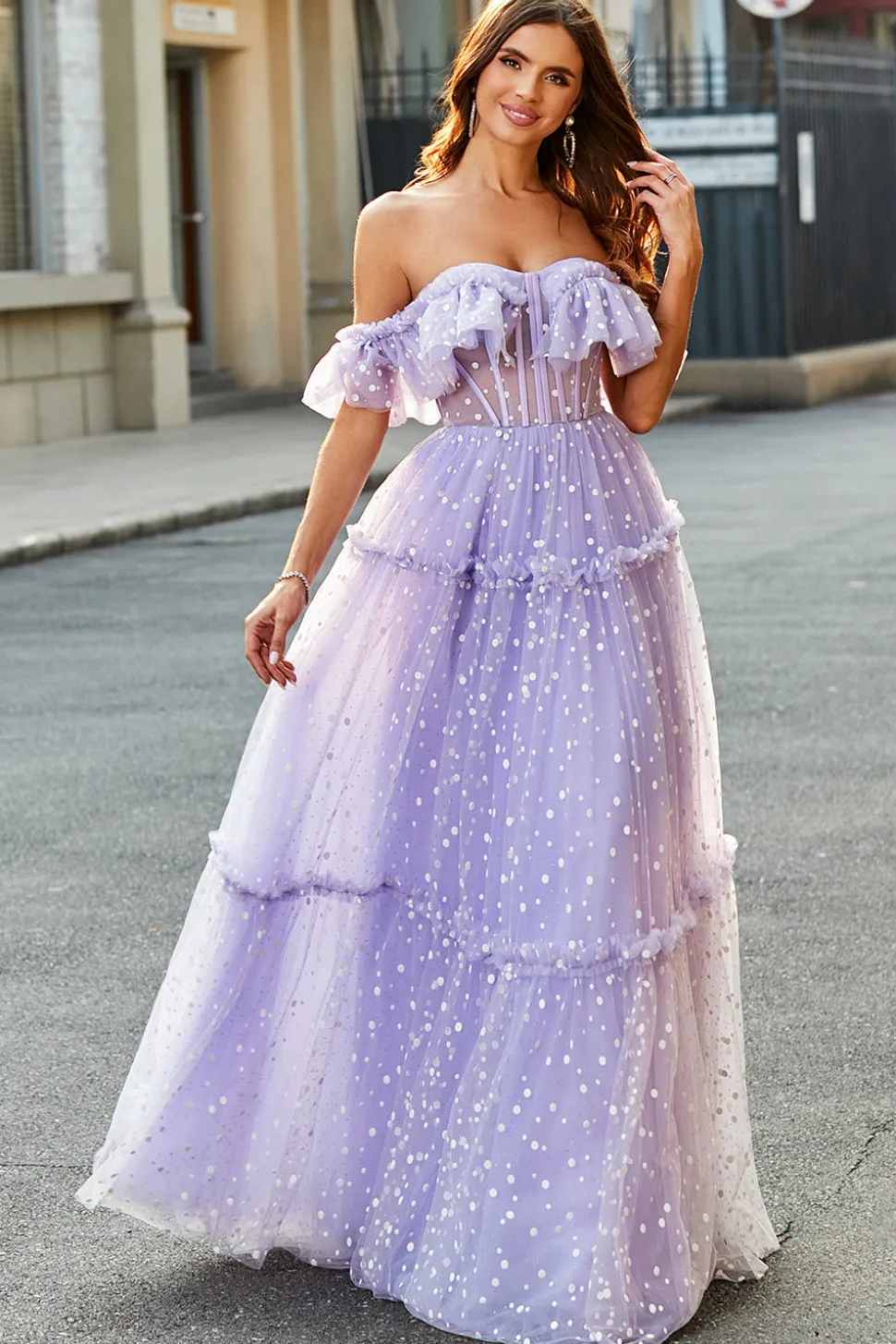 Off The Shoulder Lilás Corset A-Line Long Prom Dress