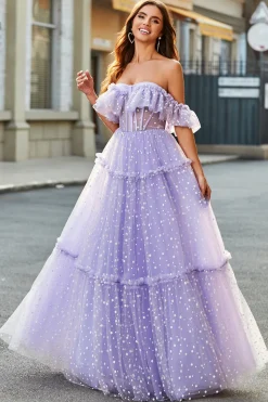 Off The Shoulder Lilás Corset A-Line Long Prom Dress