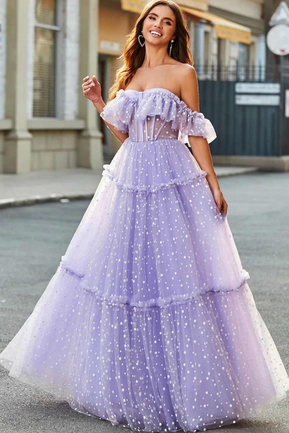 Off The Shoulder Lilás Corset A-Line Long Prom Dress