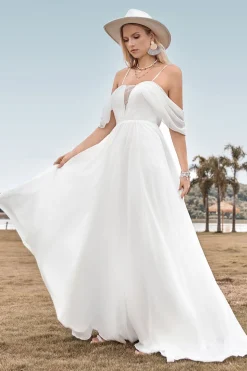 Off The Shoulder Marfim Boho Chiffon Ruched A Line Vestido de Noiva