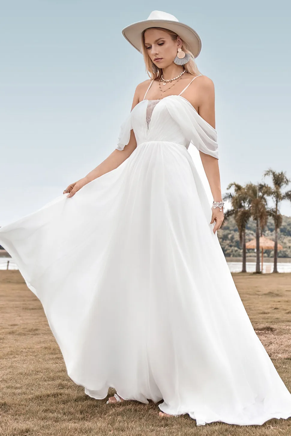 Off The Shoulder Marfim Boho Chiffon Ruched A Line Vestido de Noiva