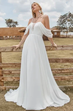 Off The Shoulder Marfim Boho Chiffon Ruched A Line Vestido de Noiva