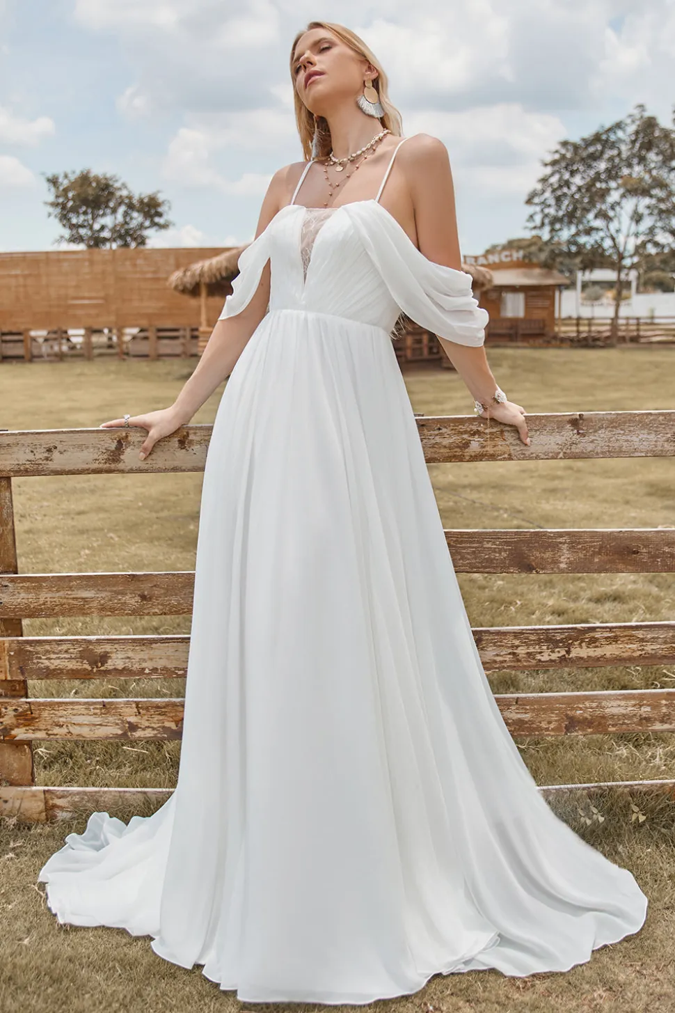 Off The Shoulder Marfim Boho Chiffon Ruched A Line Vestido de Noiva