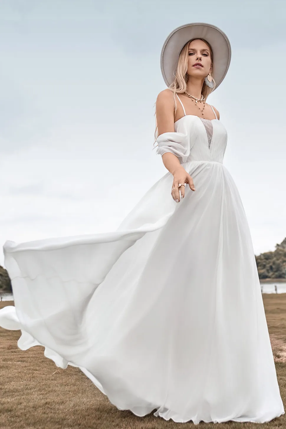 Off The Shoulder Marfim Boho Chiffon Ruched A Line Vestido de Noiva
