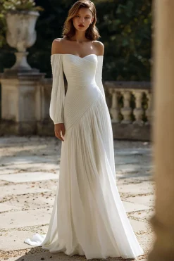 Off The Shoulder Marfim Ruched A Line Vestido de Noiva
