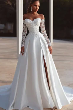 Off The Shoulder Marfim Um Vestido de Noiva Linha com Renda