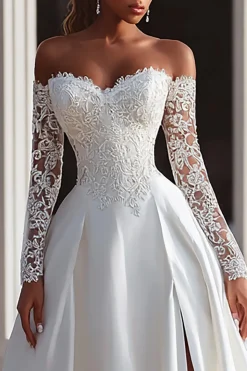 Off The Shoulder Marfim Um Vestido de Noiva Linha com Renda