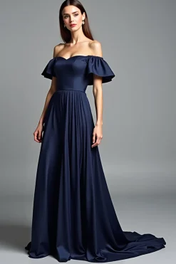 Off the Shoulder Navy Ruched A Line Formal Dress