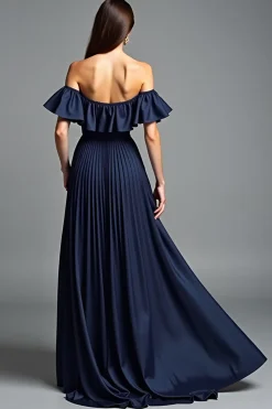 Off the Shoulder Navy Ruched A Line Formal Dress