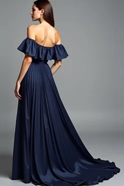Off the Shoulder Navy Ruched A Line Formal Dress