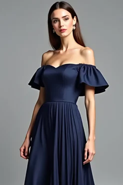 Off the Shoulder Navy Ruched A Line Formal Dress