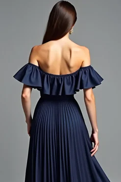 Off the Shoulder Navy Ruched A Line Formal Dress