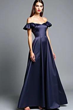 Off the Shoulder Navy Satin Uma Linha Vestido Formal