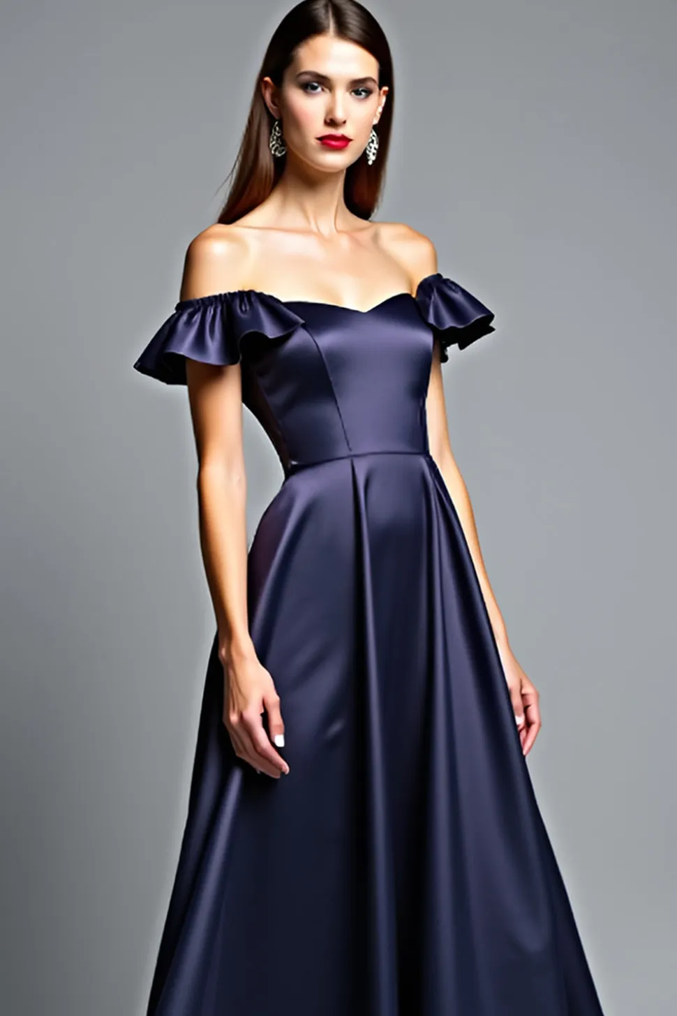 Off the Shoulder Navy Satin Uma Linha Vestido Formal