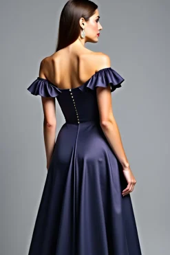 Off the Shoulder Navy Satin Uma Linha Vestido Formal
