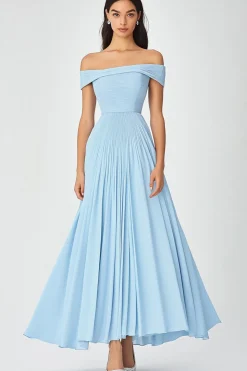 Off the Shoulder Sky Blue Uma Linha Ruched Chiffon Vestido Formal